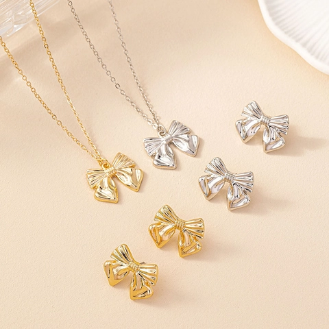 Collana E Orecchini A Fiocco Lega Di Zinco Texture A Righe Stile Minimalista Alla Moda Per Donne