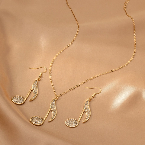 Collana E Orecchini A Nota Musicale Lega Strass Placcato Oro Accessorio Di Moda Artistica Per Donna