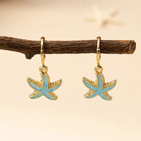 Pendientes De Aro Con Estrella De Mar Esmalte Azul Aleación Chapado En Oro Estilo Océano Playa Para Mujer