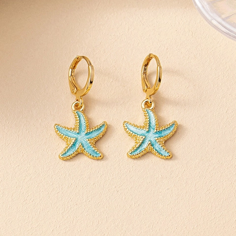 Pendientes De Aro Con Estrella De Mar Esmalte Azul Aleación Chapado En Oro Estilo Océano Playa Para Mujer