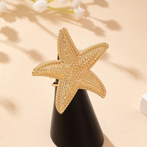 Starfish Statement Ring Golden Alloy Textured Ocean Summer Beach Vacation Jewelry For Women Adjustable Fashion Accessory
