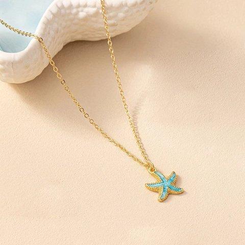 Collier Pendentif Étoile De Mer Alliage De Zinc Émail Bleu Style Océan Bijoux De Vacances À La Plage Pour Femmes Mode Minimaliste