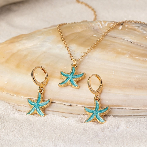Collana E Orecchini Stella Marina Blu Lega Smalto Stile Oceano Estate Spiaggia Vacanze Moda Donne Gioielli
