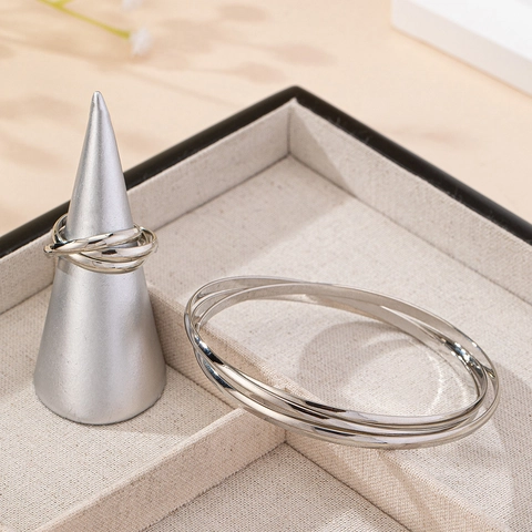 Pulsera Y Anillo Aros Entrelazados Aleación Pulida Minimalista Elegante Versátil Accesorios Mujeres