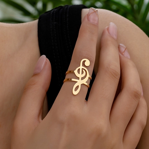 Treble Clef Ring Music Note Adjustable Open Band Alloy Jewelry Hollow Double Layer Fashion Accessory For Women