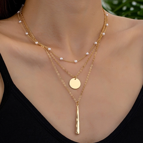 Collana Multistrato In Lega Placcata Oro Con Perla Artificial Sintetica Disco Tondo E Pendente A Goccia Acqua Gioielli Eleganti