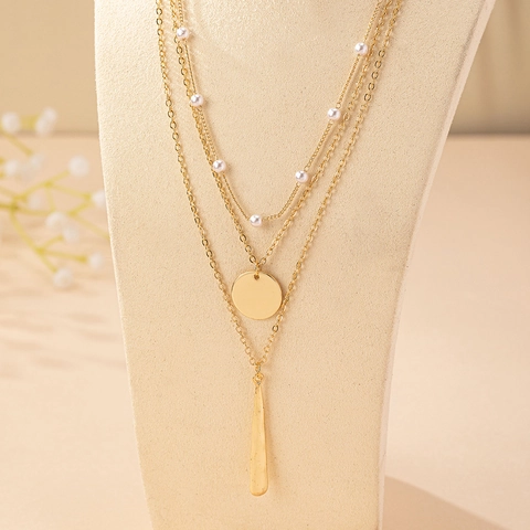 Collana Multistrato In Lega Placcata Oro Con Perla Artificial Sintetica Disco Tondo E Pendente A Goccia Acqua Gioielli Eleganti