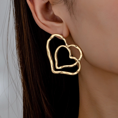 Double Heart Stud Earrings Alloy Nested Hollow Irregular Molten Texture Fashion Jewelry For Women Elegant Minimalist