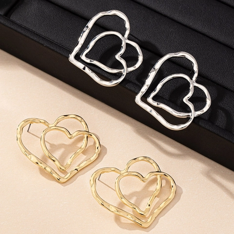 Double Heart Stud Earrings Alloy Nested Hollow Irregular Molten Texture Fashion Jewelry For Women Elegant Minimalist