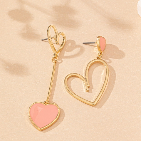Asymmetric Heart Drop Earrings Hollow Out Geometric Alloy Enamel Dangle Ear Jewelry Fashion Stylish Accessories Women