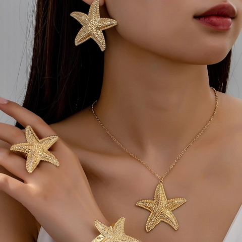 Seestern Schmuck Halskette Ohrringe Armreif Ring Ozean Strand Sommer Urlaub Thema Legierung Goldton Boho Stil Für Frauen