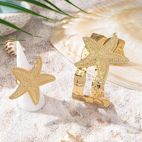 Goudkleurige Zeester Armband En Ring Sieraden Van Legering Getextureerd Marien Ontwerp Zomerse Strandvakantiestijl Voor Dames