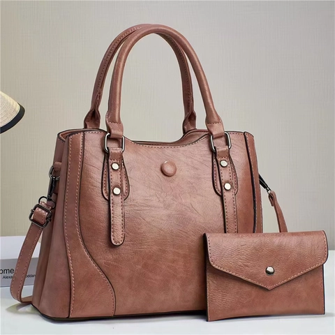 Vintage PU Leather Tote Bag And Wallet Large Capacity Rivet Shoulder Bag Top Handle Handbag For Women Daily Work Shopping