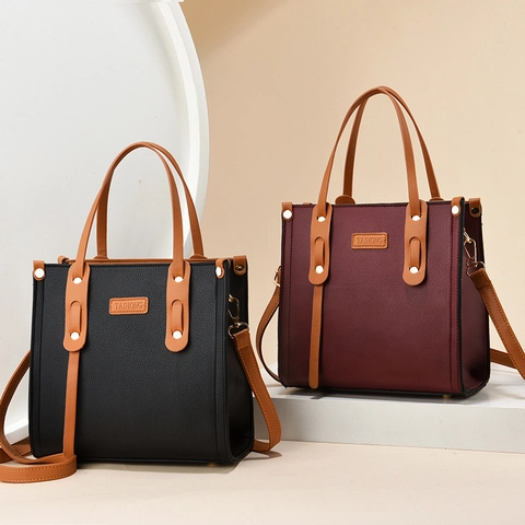 Bolso De Mano Para Mujer Cuero PU Textura Lichi Color En Contraste Gran Capacidad Bolso De Hombro Para Oficina Diaria