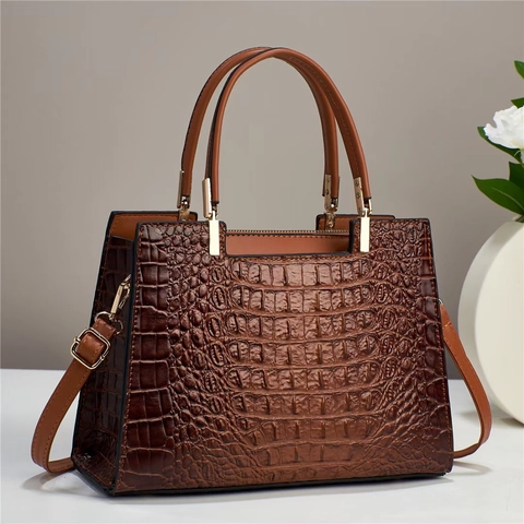 Women Elegant Crocodile Pattern PU Leather Handbag Large Capacity Shoulder Bag With Detachable Strap Vintage Tote