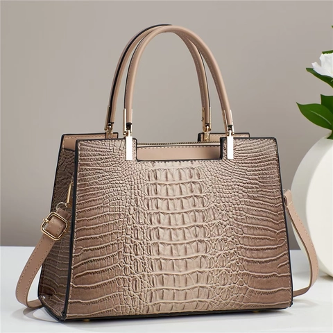 Women Elegant Crocodile Pattern PU Leather Handbag Large Capacity Shoulder Bag With Detachable Strap Vintage Tote