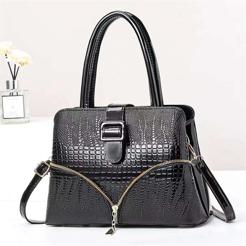 Women Crocodile Pattern PU Leather Shoulder Handbag With Decorative V-Zipper Square Buckle Elegant Top Handle Bag