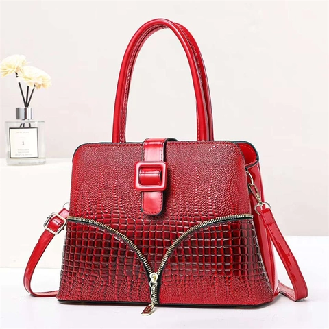 Women Crocodile Pattern PU Leather Shoulder Handbag With Decorative V-Zipper Square Buckle Elegant Top Handle Bag