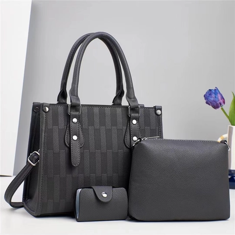 Sac À Main Femme Tote Pochette Et Porte-Cartes Cuir PU Motif Lychee Gaufré Géométrique Grande Capacité Rétro Élégant