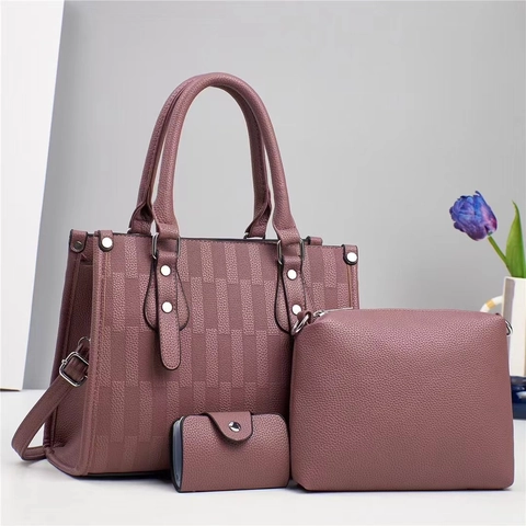 Sac À Main Femme Tote Pochette Et Porte-Cartes Cuir PU Motif Lychee Gaufré Géométrique Grande Capacité Rétro Élégant
