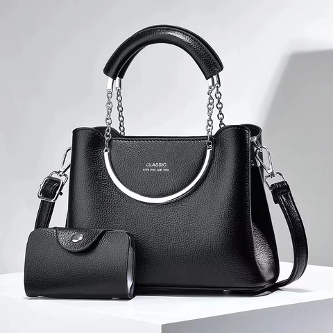 Women Lychee Pattern PU Leather Handbag And Matching Card Pouch Elegant Chain Handle Shoulder Crossbody Bag For Daily Use
