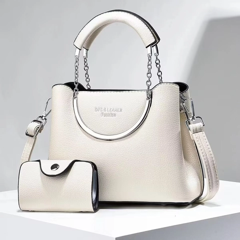 Women Lychee Pattern PU Leather Handbag And Matching Card Pouch Elegant Chain Handle Shoulder Crossbody Bag For Daily Use