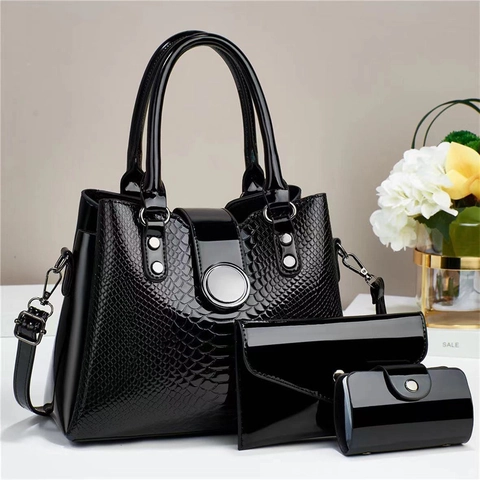 Women Glossy PU Patent Leather Croco Embossed Handbag Tote Envelope Clutch And Card Holder Large Capacity Urban Shoulder Bag