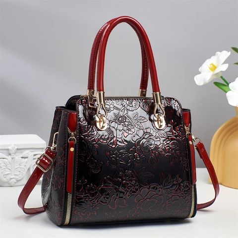 Sac À Main Femme En Cuir PU Verni Relief Floral Sac Bandoulière Boston Bag Color Block Grande Capacité Matériel Doré