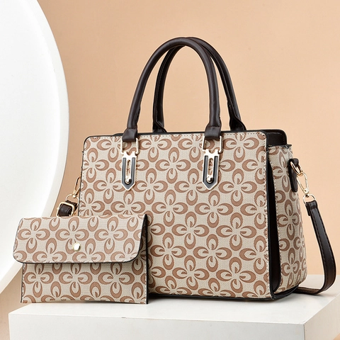 Retro Floral Print Women Tote Bag Set Large Capacity PU Leather Handbag Shoulder Bag Sub-mother Bag Elegant Style