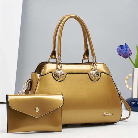 Bolso De Mano Y Bolsa De Charol PU Brillante Elegante Color Sólido Gran Capacidad Tote Con Herrajes De Concha Dorada Para Mujeres