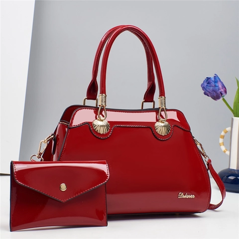 Bolso De Mano Y Bolsa De Charol PU Brillante Elegante Color Sólido Gran Capacidad Tote Con Herrajes De Concha Dorada Para Mujeres