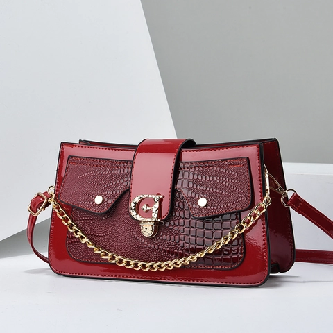 Damen Umhängetasche Lack PU Leder Krokodil Muster Quadratische Schultertasche Mit Goldener Kette Und G Schnalle