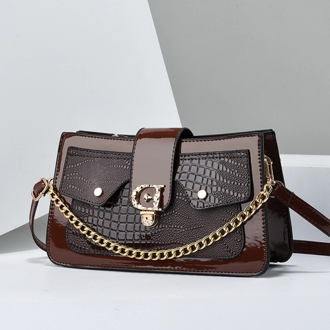 Damen Umhängetasche Lack PU Leder Krokodil Muster Quadratische Schultertasche Mit Goldener Kette Und G Schnalle