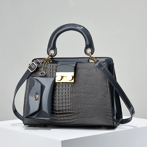Elegant Women Crocodile Pattern Patent Leather Handbag And Mini Coin Purse Golden Lock Crossbody Satchel Retro Top Handle Bag
