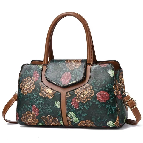 Vintage Floral Embossed Handbag PU Leather Large Capacity Crossbody Shoulder Bag Retro Style For Women