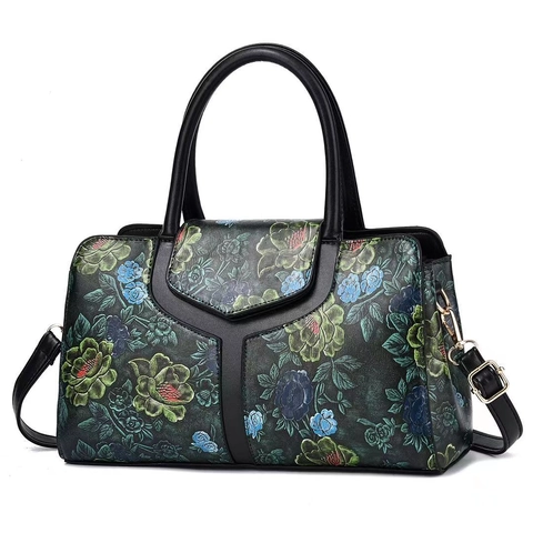 Vintage Floral Embossed Handbag PU Leather Large Capacity Crossbody Shoulder Bag Retro Style For Women