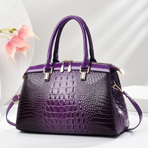 Women Crocodile Pattern PU Leather Handbag Large Capacity Tote Bag Detachable Strap Retro Commute Patent Style
