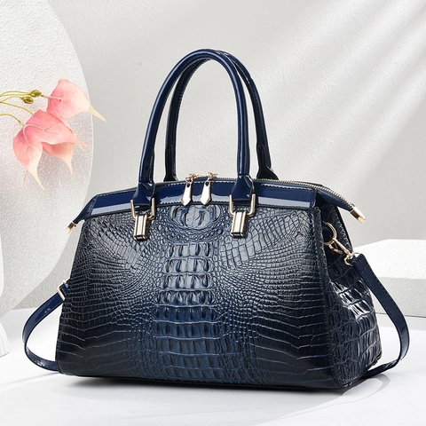 Women Crocodile Pattern PU Leather Handbag Large Capacity Tote Bag Detachable Strap Retro Commute Patent Style