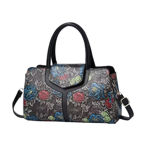 Women Vintage Floral Embossed Boston Handbag PU Leather Retro Printed Shoulder Crossbody Bag With Removable Strap