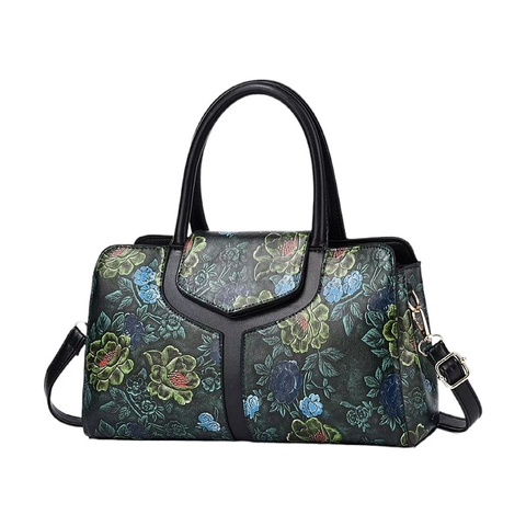 Women Vintage Floral Embossed Boston Handbag PU Leather Retro Printed Shoulder Crossbody Bag With Removable Strap