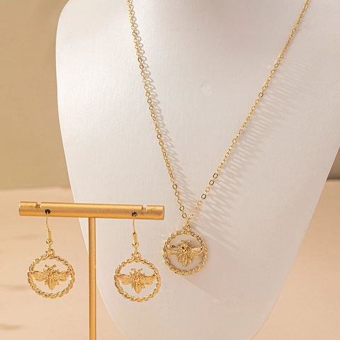 Collana E Orecchini Ape Gioielli Lega Placcato Oro Cornice Rotonda Cava Retro Elegante Moda Per Donne