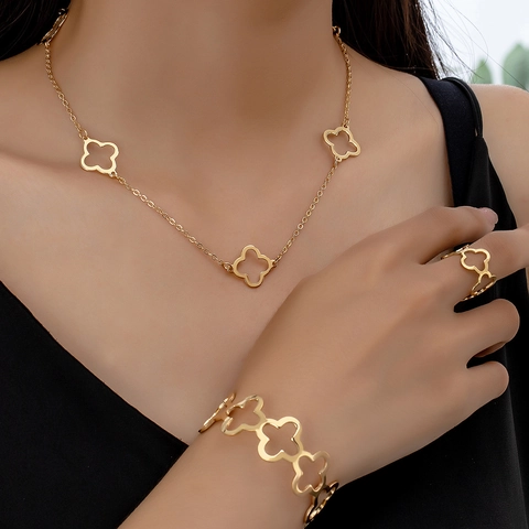 Hol Klavertje Vier Sieraden Legering Ketting Armband En Ring Elegant Mode Voor Vrouwen