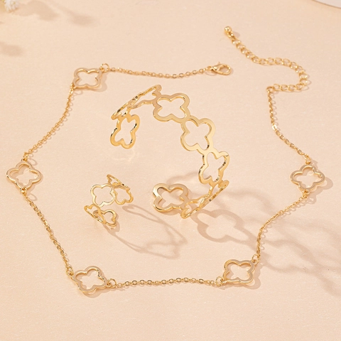 Hol Klavertje Vier Sieraden Legering Ketting Armband En Ring Elegant Mode Voor Vrouwen