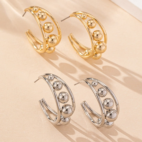 C-Form Creolen Aus Legierung Mit Metallperlen Minimalistischer Vintage-Stil Für Damen Statement-Schmuck