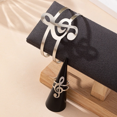 Set Di Gioielli Bracciale E Anello Nota Musicale Chiave Di Violino Lega Polsino Regolabile Accessori Moda Tema Musica Per Donna