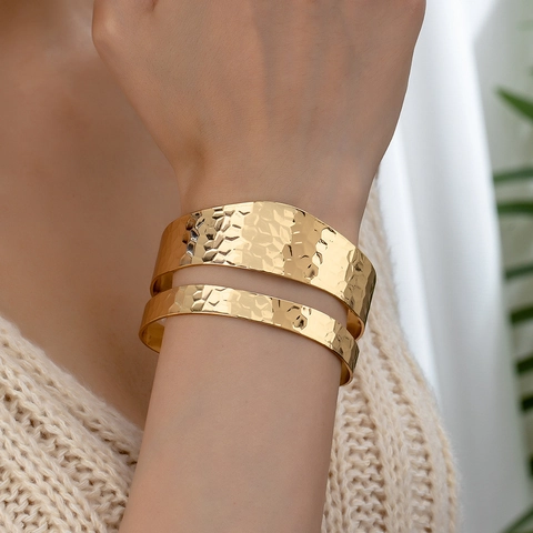 Hammered Texture Wide Open Bangle Metal Irregular Double Layer Hollow Elegant Jewelry For Women Fashion Cuff