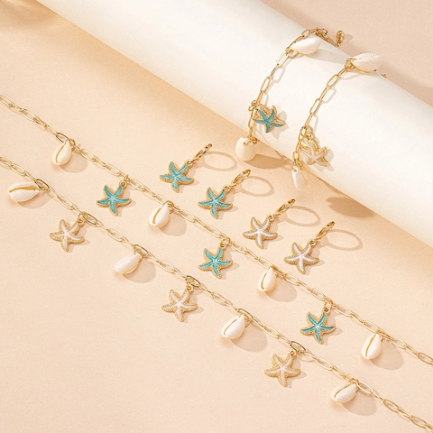 Zeester Schelp Sieradenset Legering Emaille Zomer Strand Ketting Armband Oorbellen Dames Tropische Resort Stijl