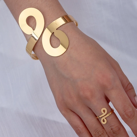 Minimalist Geometric Gold Plated Alloy Jewelry Bracelet And Ring Abstract Spiral Open Adjustable For Women Elegant