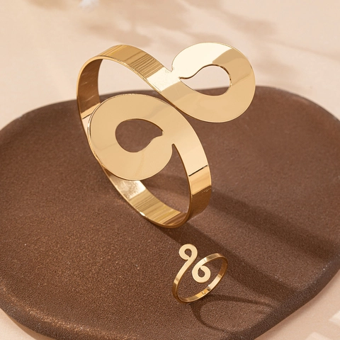 Minimalist Geometric Gold Plated Alloy Jewelry Bracelet And Ring Abstract Spiral Open Adjustable For Women Elegant
