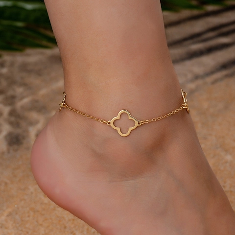 Bracelet De Cheville Trèfle À Quatre Feuilles Évidé Doré Métal Chaîne De Pied Réglable Bijoux De Plage Boho Femmes